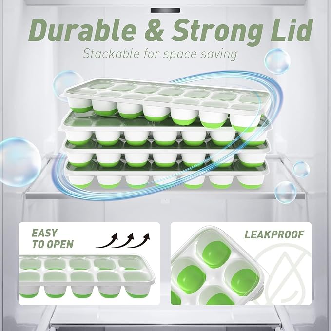 ChefAide Ice Cube Tray with Lid and Bin, 3 Packs 42 Cubes Silicone Plastic Ice Cube Trays for Freezer, Stackable Ice Tray with Container, Ice Scoop for Drinks, Coffee and Cocktails