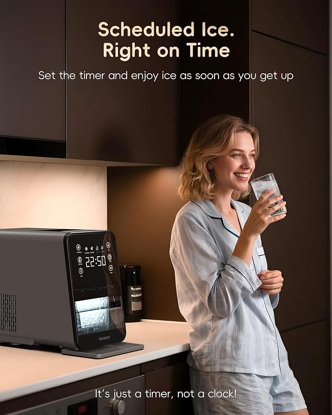 ecozy Nugget Ice Maker Countertop, 40Lbs/Day Chewable Pebble Ice, TDS Meter | Soft Sonic Ice Machine, Self-Cleaning, One-touch Timer, Pull-out Ice Basket, Compact for Home Kitchen Office