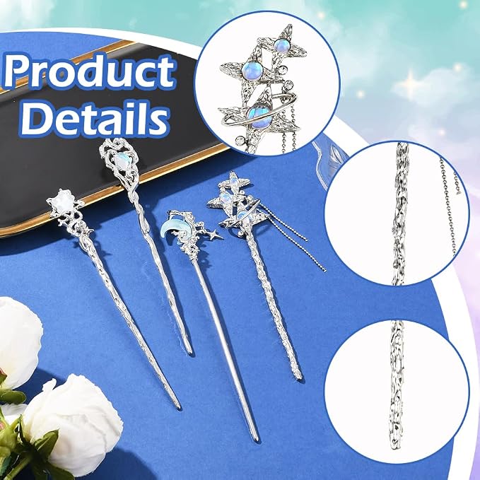 SUNNYCLUE 1 Box 4Pcs 4 Styles Moon Hair Pin Stick Chinese Hanfu Hair Sticks Silver Star Butterfly Heart Alloy Resin Asian Vintage Metal Tibetan Chopsticks for Chinese Hanfu Long Hairstyles DIY Decor