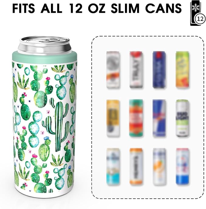 TILUCK Skinny Can Cooler, Stainless Steel Insulated Slim Cans, 12 oz | Beer & Hard Seltzer, Doucle-Walled Stainless Steel Insulated Slim Cans, Slim 12 oz(Cactus)