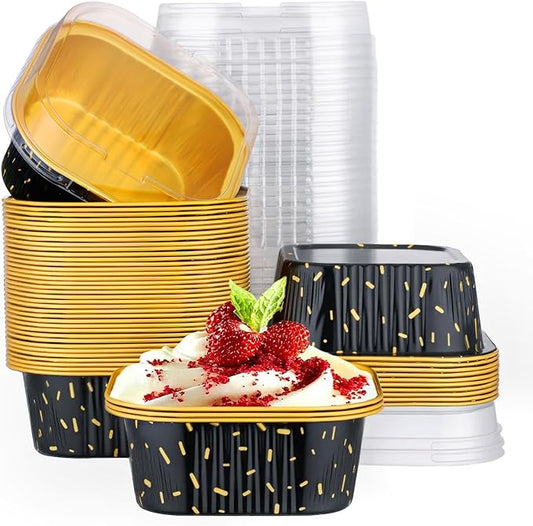 EUSOAR Cake Pans with Lids, 50pcs 10oz/300ml Square Cupcake Liners Disposable Ramekins, Aluminum Foil Containers Muffin Cups for Baking Mini Cake Loaf Bread Holders for Birthday Wedding Party Favor