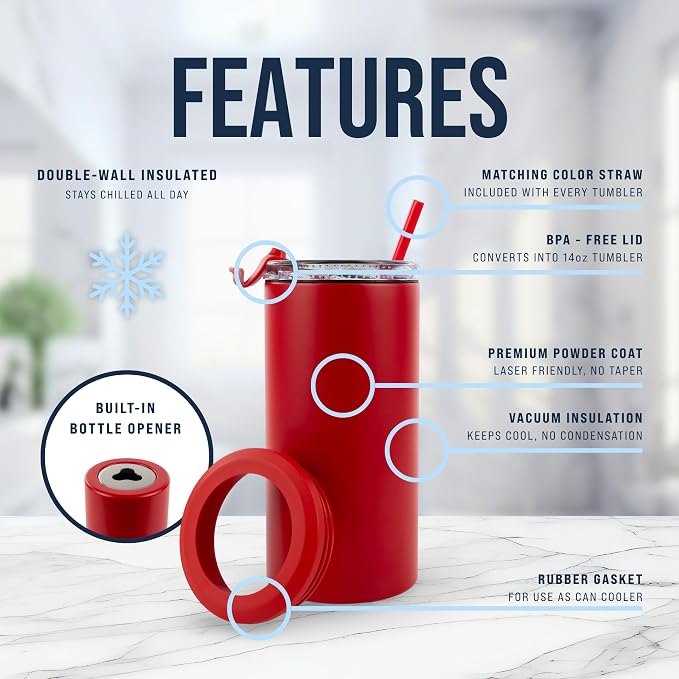 4 in 1 Universal Can Cooler - Red, Can Holder Insulated, Beer Bottle Cooler, Universal Holder for All Drink Sizes, Stainless Steel Insulated Tumbler, Tailgating Accessories