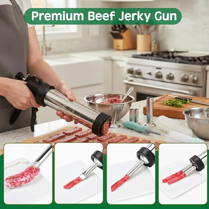 2LB Professional Jerky Gun Kits, Sausage Stuffer, Stainless Steel Jerky Maker, Jerky Shooter, Beef Jerky Making Gun with 5 Nozzles, 1 Meat Pusher, 5 Cleaning Brushes and Pair of Gloves