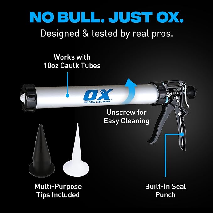 OX Pro Sausage Caulking Gun - 20 oz - 12:1 Thrust Ratio | Heavy duty dual-use sealant gun, standard tube and sausage pack compatible, tool-free conversion, integrated cartridge cutter