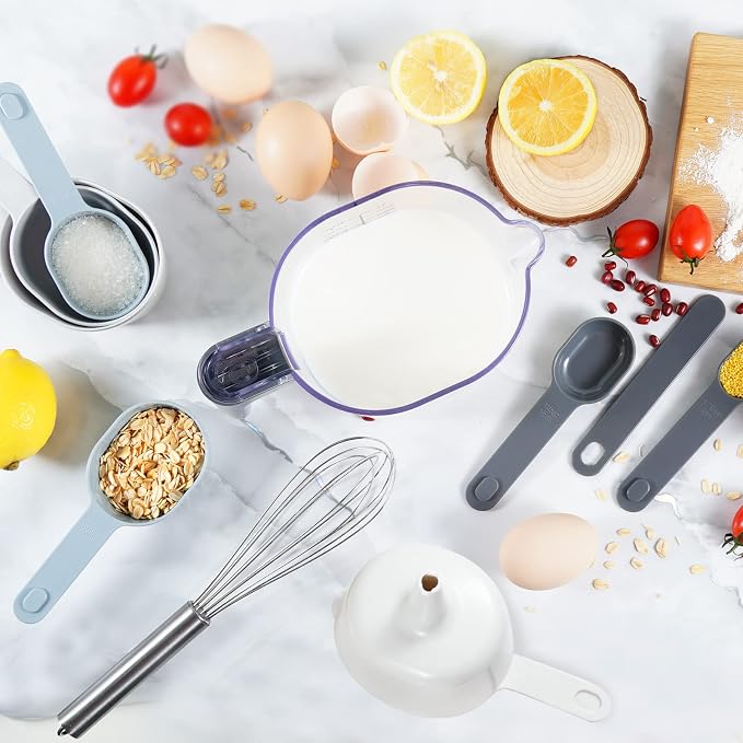 15 Pieces Measuring Cups and Spoons set, Includes 10 Stackable Measuring Cup with Lid and 5 Mini Stainless Steel Measuring Spoons, Teaspoons for Liquid and Dry, BPA Free, Dishwasher Safe | 1 storage cover, 9 stackable cups set and 5 mini teaspoons, BPA...