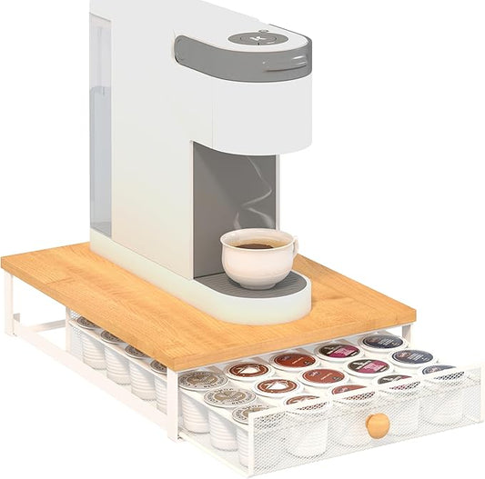 Sedegn Coffee Pod Holder Counter Coffee Vertuo Capsules Storage Organizer with Sliding Drawer Compatible For K-Cup Pods Nespresso Pods No Assembly Needed Oak Color