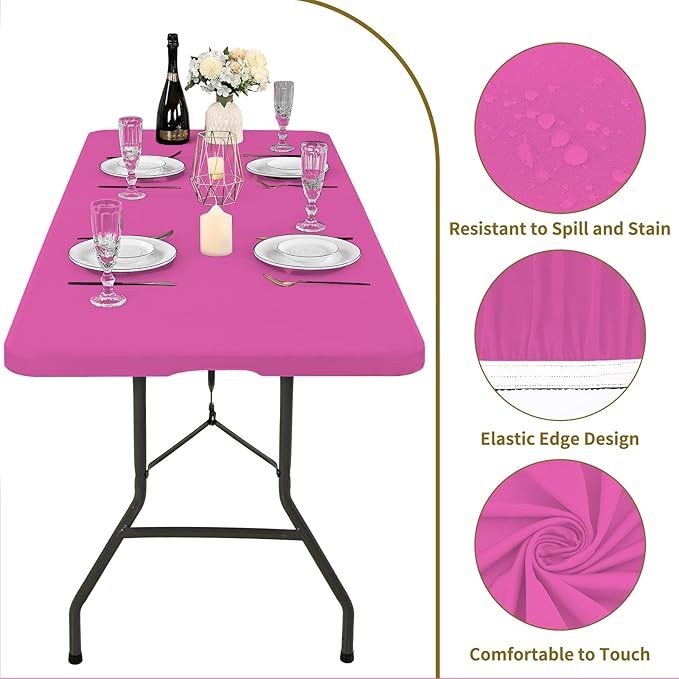 10 Pack Fitted Tablecloth for 8 Foot Rectangle Tables, Hot Pink Elastic Outdoor Picnic Table Cover, Washable Stretch Folding Table Cloths 8 ft for Camping Party Patio Kitchen Banquet, 30" W x 96" L