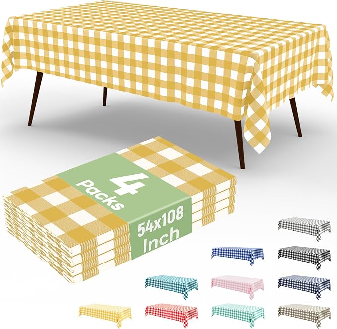 4 Packs Buffalo Disposable Table Cloth, 54 x 108 Inch Waterproof Plastic Tablecloth, Rectangle Gold and White Checkered Table Covers for Picnic, Birthday, Party, Back to School