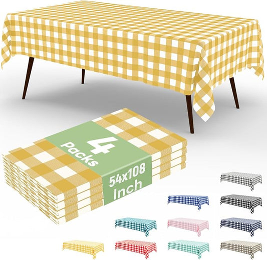 4 Packs Buffalo Disposable Table Cloth, 54 x 108 Inch Waterproof Plastic Tablecloth, Rectangle Gold and White Checkered Table Covers for Picnic, Birthday, Party, Back to School