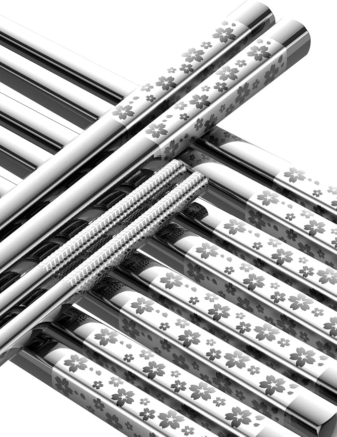 FOFAYU 5 Pairs Metal Chopsticks Reusable 18/8 stainless steel Chopsticks Japanese Style Dishwasher Safe Lightweight Non-Slip Chop Sticks 9 1/4 Inches Present Set