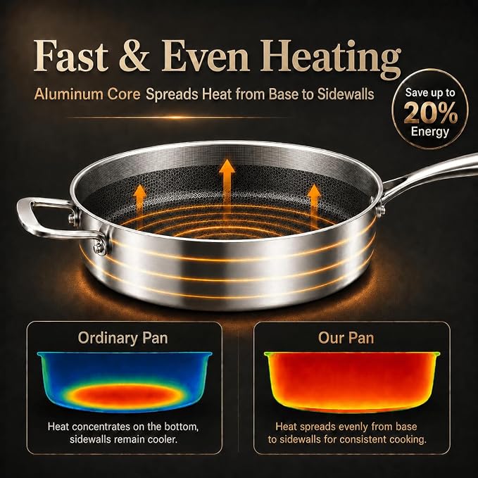 DELARLO Tri-Ply Hybrid Stainless Steel 10 Inch Saute Pan,3QT Chef Cooking Pan,Anti-Scratch,Compatible with All Cooktops,Oven Up to 660℉,Chicken Fryer,Dishwasher-Friendly（Detachable handle）
