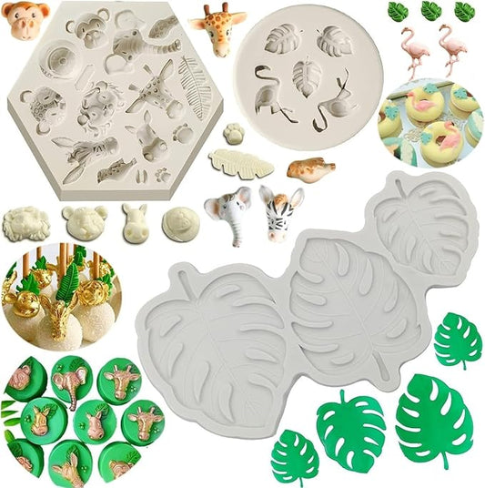 Safari Animal Fondant Mold Flamingo Silicone Molds,Safari Cake Decorations Animal Cake Toppers Mold,Tropical Leaf Chocolate Silicone Molds for Cake Decorations