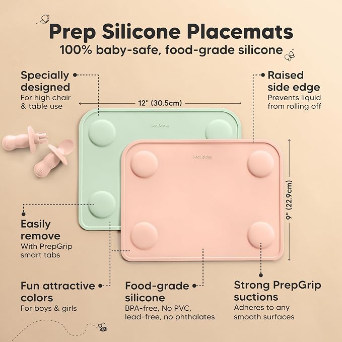 KeaBabies 2pk Silicone Placemats for Toddlers, Kids, Baby, 12x9 (Mellow, S) | Non Slip Suction Silicone Placemat for Restaurants, Dining Table,Travel, Easy to Clean, Food Grade/BPA-Free, Small Table Mat