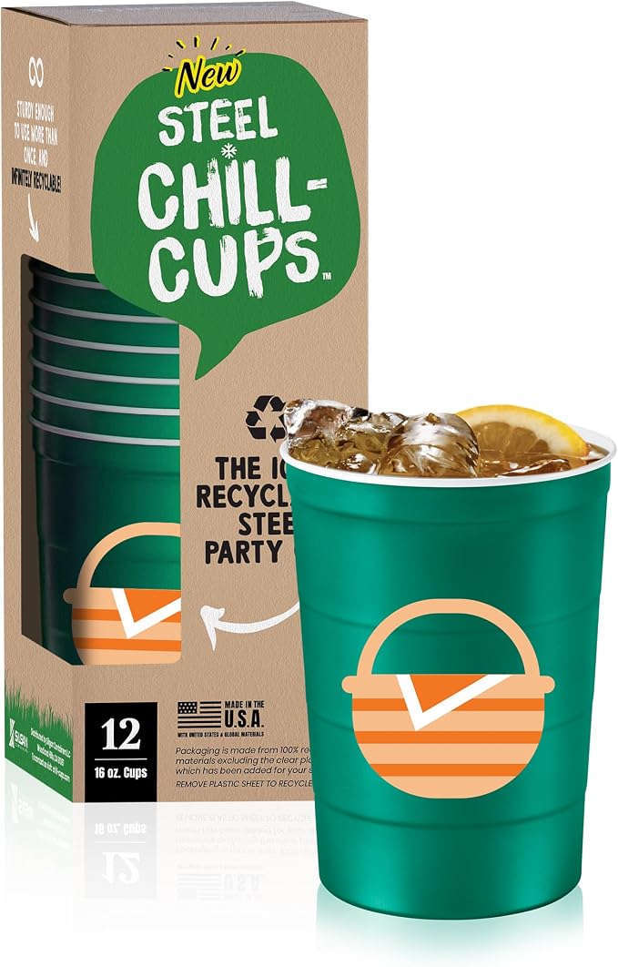 Steel Chill Cups 16 oz. Reusable Party Cups, Summer BBQ Grill, 12 Count | Made in USA from Steel these durable cups chill fast & keep your drink cold for longer, 100% recyclable for sustainablity