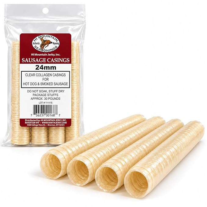 Hi Mountain Hot Dog & Brat Sausage Casings | 24 mm, Edible, Clear | Collagen sausage casings for hot dogs, bratwurst, Polish & Italian sausage. Makes up to 30 lbs