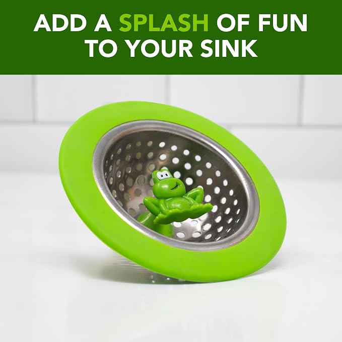 Joie Ribbit Kitchen Sink Strainer Basket Garbage Disposal Drain Cover, Frog | Fits All Standard Sinks, Keeps Unwanted Food Particles Out Kitchen Sink Drain, Measures 4.5” x 4.5”