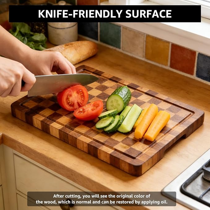 Acacia Wood Cutting Boards for Kitchen, Checkered Chopping Board with Juice Grooves & Handles, Large Butcher Block Serving Tray with Non‑Slip Feet, 14" × 11" × 1.5"