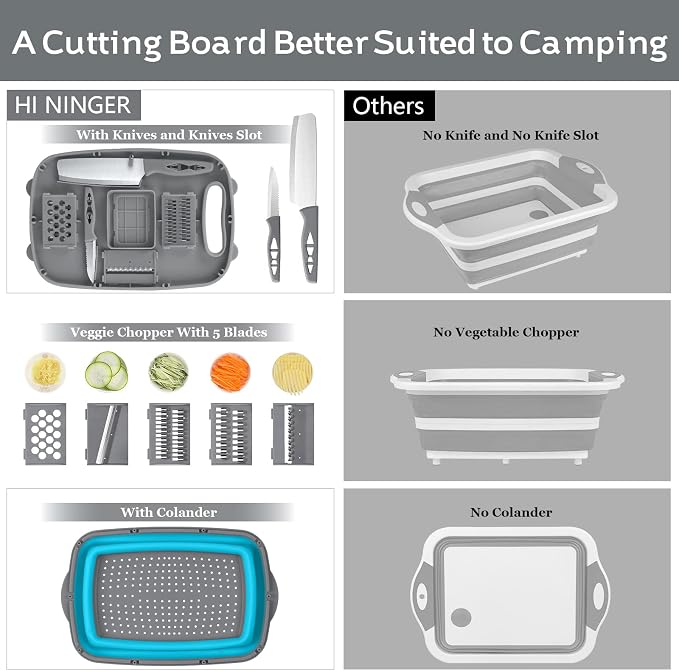 Camping Cutting Board, HI NINGER Collapsible Chopping Board with Colander, 9-In-1 Multi Chopping Board Kitchen Vegetable Washing Basket for Camper,Camping Gifts Camping Accessories for RV Campers