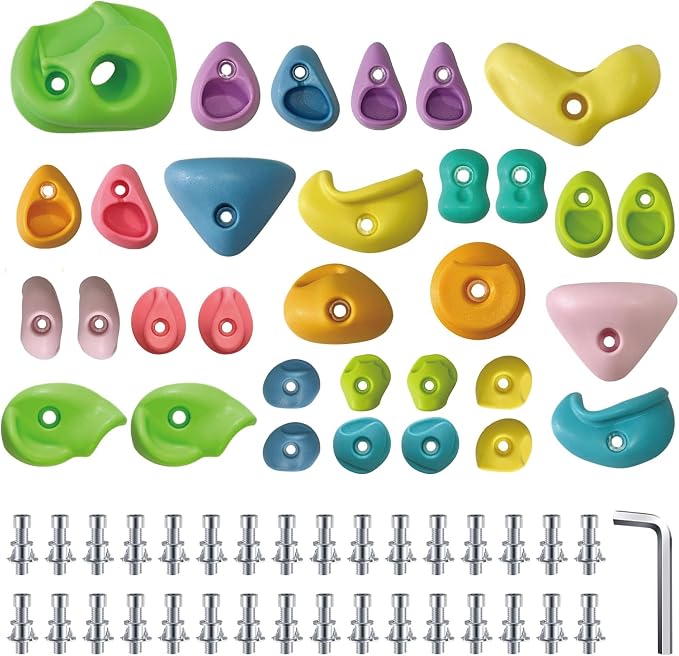 Rock Climbing Holds for Kids, 32 PCS Rock Wall Holds with Hardware, Indoor Outdoor Climbing Grips for Backyard Playset & Home Wall, Easy Install, Pastel Colors