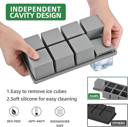 Ice Cube Tray for Freezer,2 Pack Large Ice Cube Molds for Whiskey,2Inch Square Ice Cube Tray,Easy-Release Ice Mold,16 Giant Ice Cubes for Bourbon Cocktail(Grey)