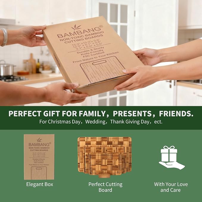 BAMBANG Bamboo Cutting Board for Kitchen with Juice Groove, End-Grain Butcher Block Chopping Boards, Checkered Wooden Cutting Boards Set of 3 with Stand, Knife-Friendly, Serving Tray