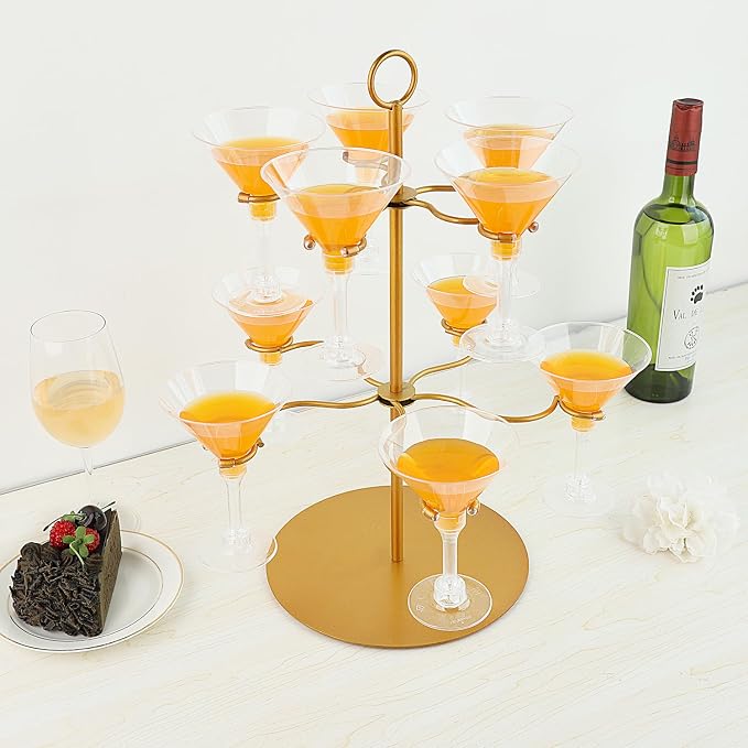 QPIX DIGITAL Champagne Tower,Metal Cocktail Tree Stand 2 Tier - 10 Holders For Champagne, Cocktails, Martini, Margarita Cups at Weddings,Bridal Parties & Events,Cocktail Glass Gold Holder