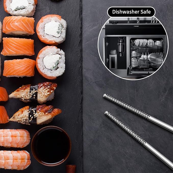 Metal Chopsticks Reusable 316 Stainless Steel Chopsticks Multipack Dishwasher Safe Chop Sticks Square Fancy Laser Engraved Non-slip Korean Chopstick for Cooking Eating 9.45 Inches 5 Pairs Gift SetS