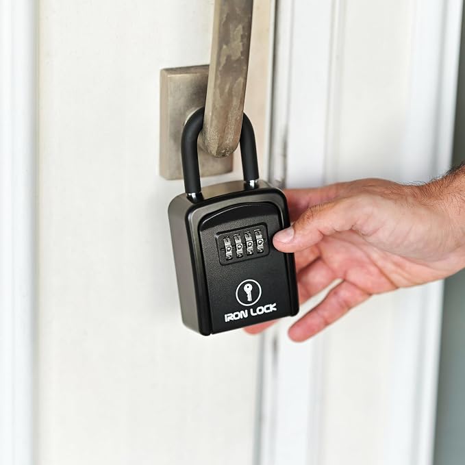 Iron Lock® Small Portable Key Lock Box with Code, U-Shackle (Small, Black) | U-shackle opens fully out to loop over a handle, gate, latch or rail; rolling combination dials, no app, no battery