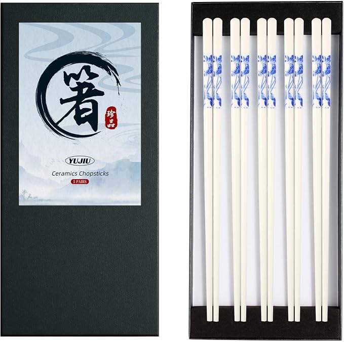 Porcelain Chopsticks Set of 5 Pairs, Reusable Bone Ceramic Chopsticks, Dishwasher Safe, Non-Slip Design, Elegant Gift Box for Family or Restaurant Use (lotus)
