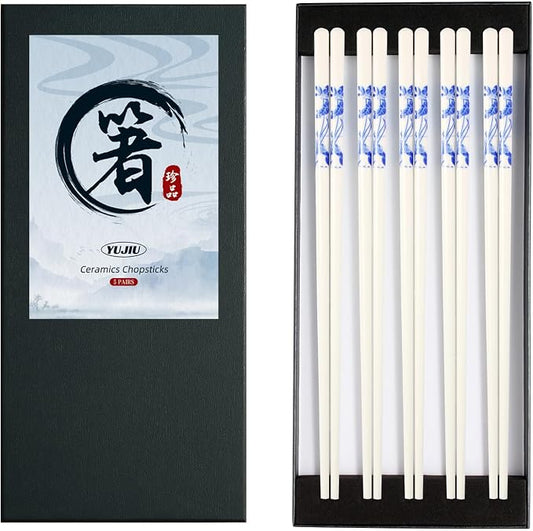 Porcelain Chopsticks Set of 5 Pairs, Reusable Bone Ceramic Chopsticks, Dishwasher Safe, Non-Slip Design, Elegant Gift Box for Family or Restaurant Use (lotus)