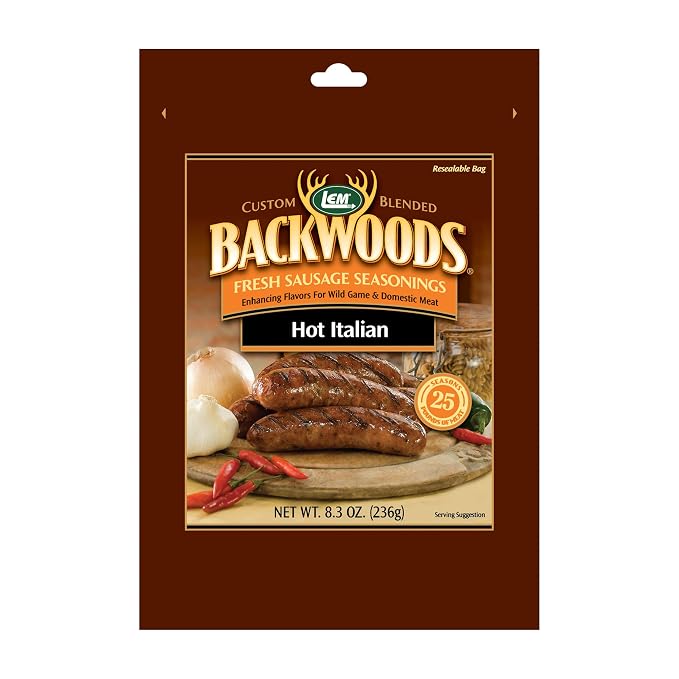 LEM Products Backwoods Hot Italian Fresh Sausage Seasoning, 8.3 oz Packet | Pre-Measured Seasoning for Wild Game and Domestic Meat, Seasons Up to 25 Pounds of Meat for Homemade Patties and Sausages