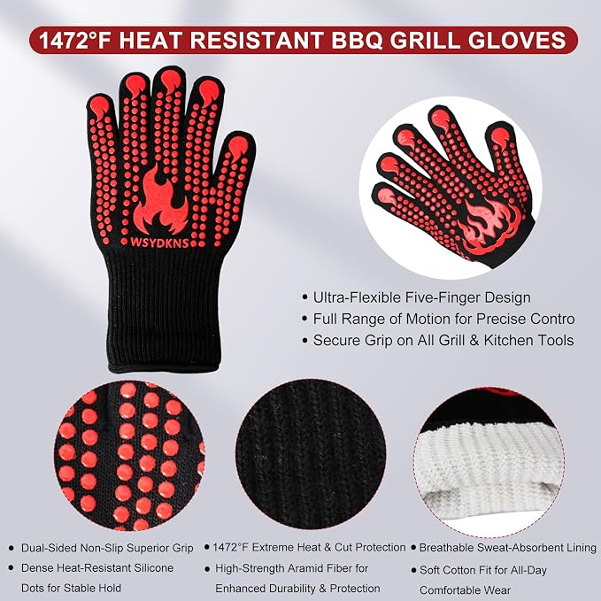 BBQ Gloves Heat Resistant 1472°F, Long Cuff Aramid Fiber Oven Mitts with Non-Slip Silicone, Grilling Gifts for Men, Dad, Husband, Smoker and Kitchen Cooking, Black/Red