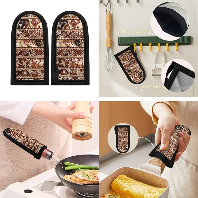 Coldinair 2 Pieces Hot Handle Covers Brown Cow Aztec Pot Sleeve Grip Sleeves Heat Resistant Cast Iron Skillet Handle Covers for Women Men Non-Slip Handle Mitts for Kitchen Baking Cooking BBQ Cookwares