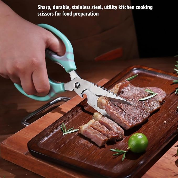 BoFuYuan Detachable Heavy Duty Kitchen Scissors for Food 9-Inch Green | Dishwasher Safe, Sharp Serrated Blade, Multifunctional, Ergonomic Non-Slip Handle, Multipurpose Cooking Food Cutting Shears