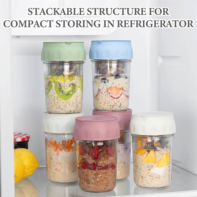 SOLIGT 4 Pack Overnight Oats Containers with Lids, Folding Spoons and Divided Compartments for Fruit & Nuts, Small Glass 16oz Mason Jars for Oatmeal (4 Set-Oat White/Green/Rose/Blue)