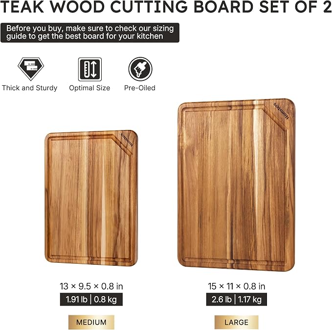 2 Pack Teak Cutting Boards for Kitchen Wood Wooden Cutting Board Non Slip | Non Toxic, Over Sink, NOT Bamboo Stainless Steel Titanium Acrylic Acacia Olive, Space-Saving, Best Kitchen Gift for Mom