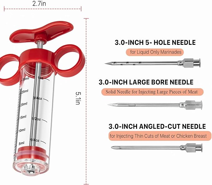 Kingsmile Meat Injector Syringe, 3 Marinade Injector Needles for Meat, Seasoning Injector with1oz Capacity,Turkey Injector for BBQ Grill, Premium Injector Syringe with Black Oil Brush & Cleaning Brush