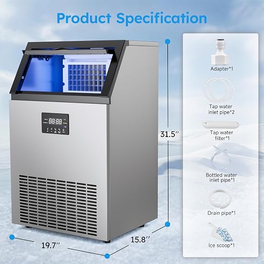Commercial Ice Maker Machine - 150 Lbs/24H, Commercial Ice Machine with 50 LBS Storage Bin, Under Counter or Freestanding Ice Maker, 45 Ice Cubes in 5-15 min, Thicknesses Adjustable, Stainless Steel