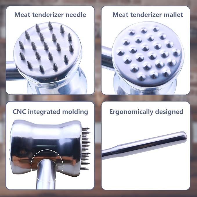 Dual-Sided 2-in-1 Stainless Steel Meat Tenderizer Tool, Meat Mallet Hammer with Meat Tenderizer Needles, Professional Kitchen Tool for Tenderizing Steak, Chicken and Beef, Easy-Grip Easy to Clean