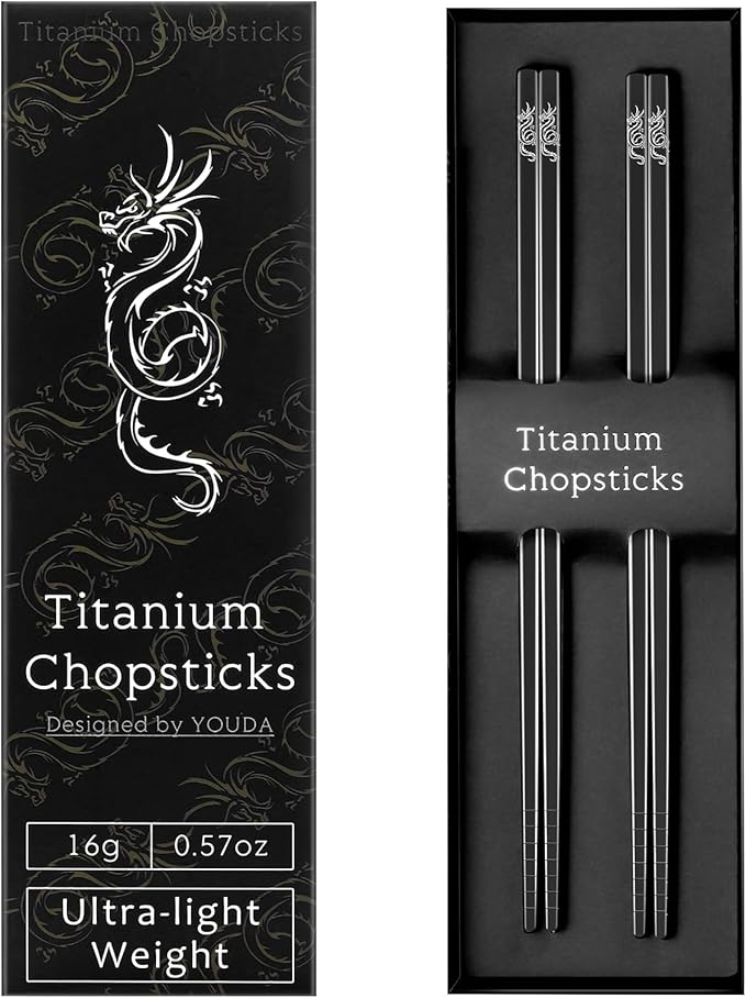 Youda 99.8% Pure TITANIUM Chopsticks Ultralight and Reusable Chopsticks for Camping, Home, Travel (2 Pairs)