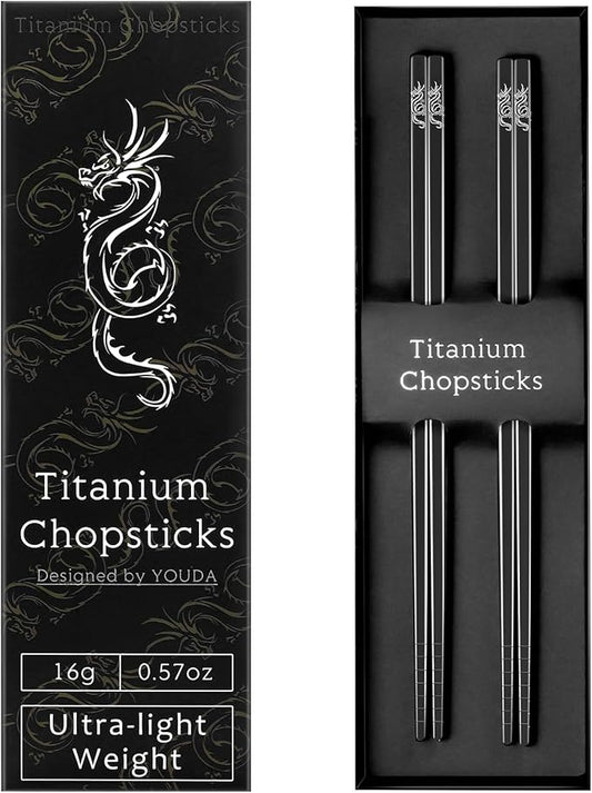 Youda 99.8% Pure TITANIUM Chopsticks Ultralight and Reusable Chopsticks for Camping, Home, Travel (2 Pairs)