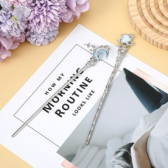 4Pcs Star Moon Hair Sticks, Silver Metal Chinese Hair Chopsticks Hairpins, Vintage Moonstone Hair Bun Updo Holders for Women Girls Hanfu Asian Decorative Accessories