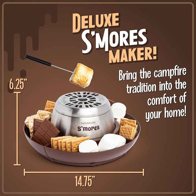 Nostalgia Tabletop Indoor Electric S'mores Maker - Smores Kit With Marshmallow Roasting Sticks and 4 Tray Lazy Susan for Graham Crackers, Chocolate, and Marshmallows - Movie Night Supplies - Brown