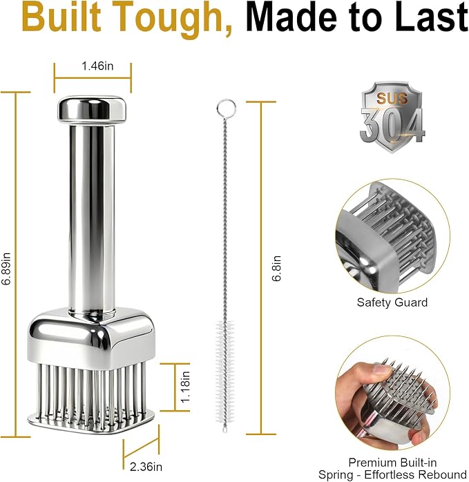 Meat Tenderizer Tool, 28 Sharp Needles Stainless Steel Mallet | 304 Stainless Steel Meat Hammer with Safety Guard, Easy Grip Handle for Tenderizing Beef, Chicken & Turkey, Dishwasher Safe