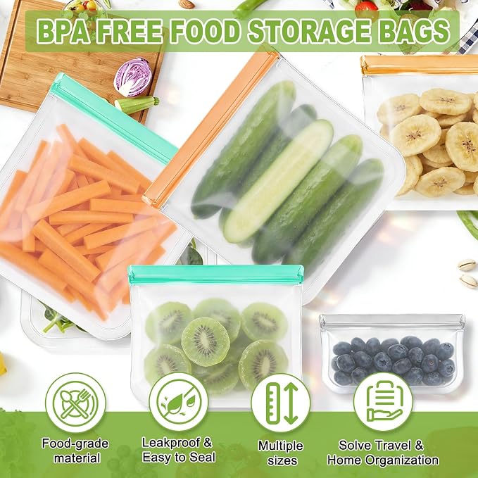 12 Pack Silicone Bags for Food Storage,Freezer,Microwave & Dishwasher Safe,Leakproof Food Storage Bags,Reusable Freezer Ziploc Bags,Sandwich Snack Baggies-4 Gallon 4 Snack 4 Sandwich Bags,3 Colors