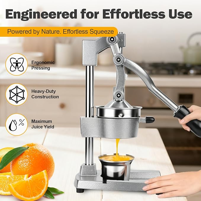 Manual Citrus Juicer Press, Heavy Duty Cast Iron Lemon Squeezer with Stainless Steel Cone, Commercial Hand Press Juicer for Orange, Lemon & Lime, Easy to Clean