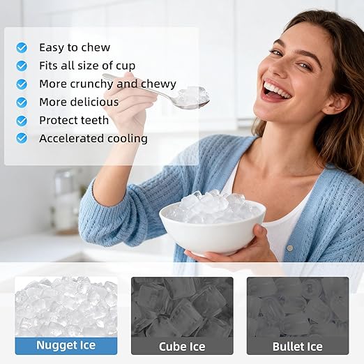 Antarctic Star Nugget Ice Maker Countertop, 35lbs/24H, Soft Chewable Ice, Self-Cleaning, Fast Making in 8 Mins, Portable Ice Machine with Handle, Ice Basket & Scoop, Stainless Steel Silver