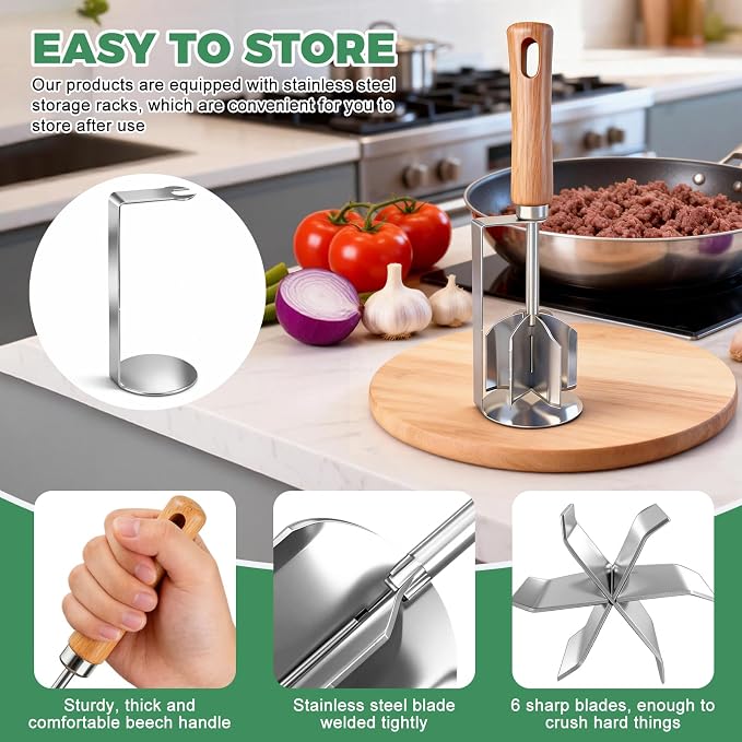 304 Stainless Steel Meat Chopper & Masher - Heavy Duty 6 Curve Blades Ground Beef Chopper Tool Potato Masher Hamburger Smasher Tool
