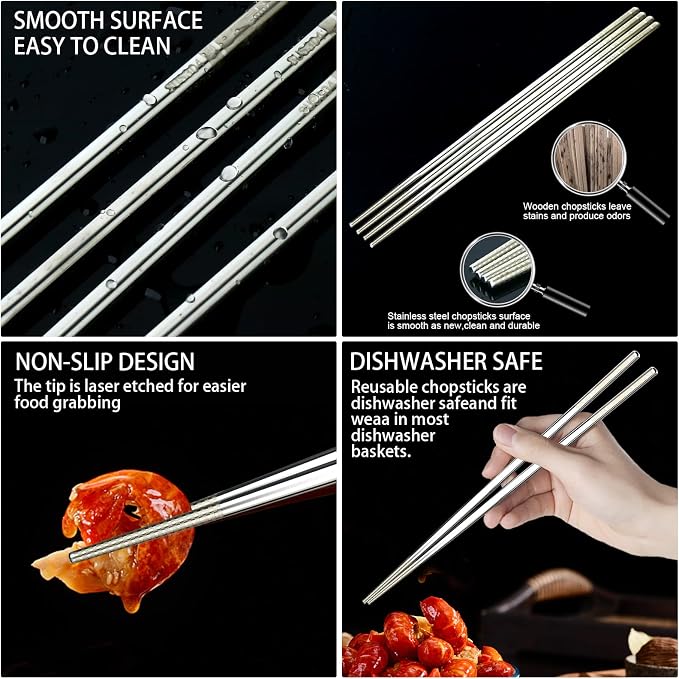 Premium Stainless Steel Metal Chopsticks, Reusable Silver Chopsticks Dishwasher Safe, Square Lightweight Non-Slip Chop Sticks Easy to Use for Home Kitchen Hotel Restaurant (Stainless steel, 8.7)