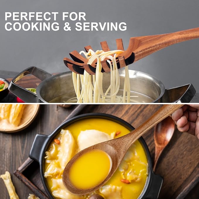 9 Pcs Wooden Kitchen Utensils Set with Holder Cooking Spoons Wood Spatula | Acacia Wood Spoons for Cooking Utensils Teak Flat Spatula Spurtles Large Mixing Serving Spaghetti Spoon Slotted Turner